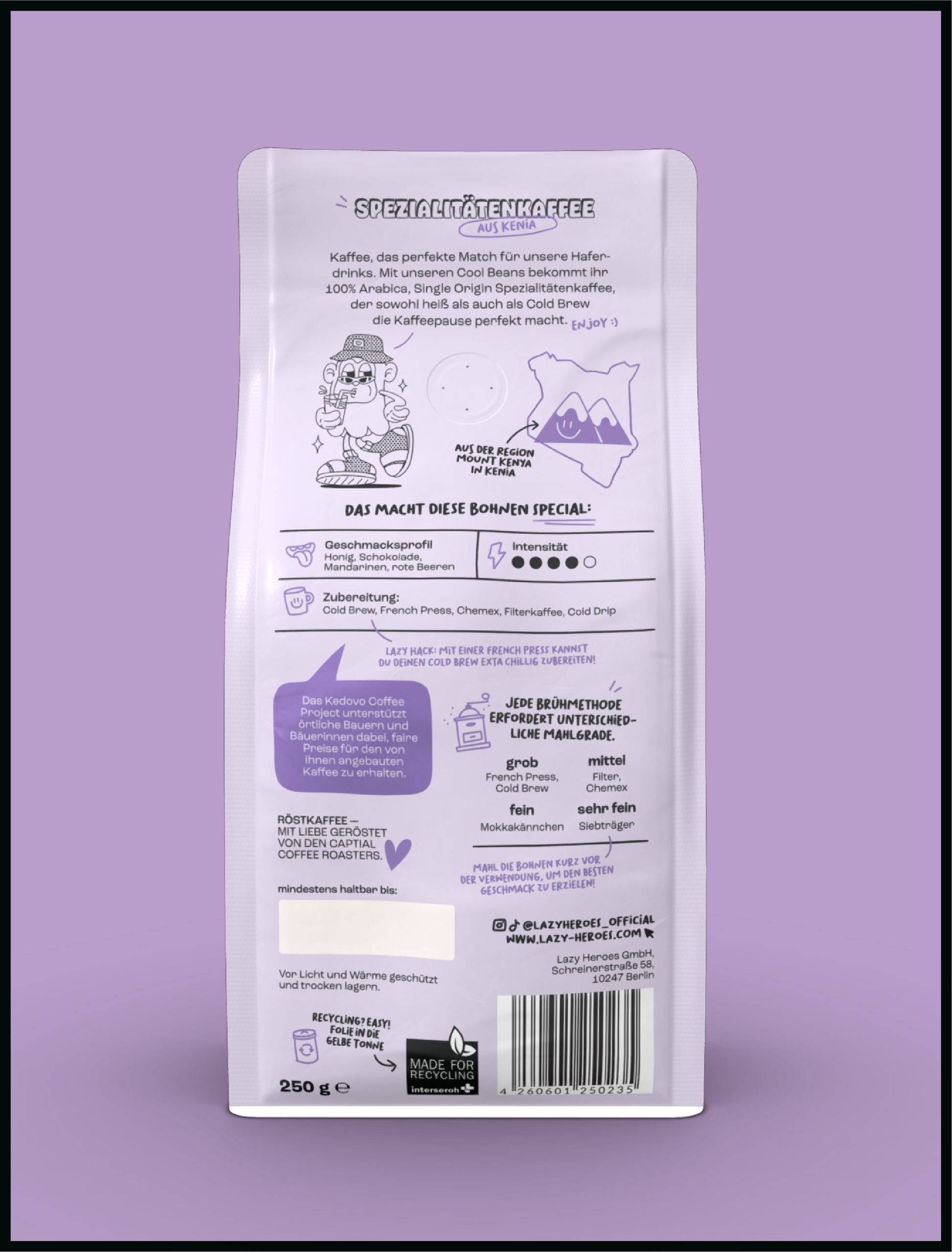 Die Rückseite einer Tüte Kenia und Guatemala Kaffeebohnen & Cascara Tee der Lazy Heroes GmbH auf violettem Hintergrund mit Single Origin und Arabica-Schlüsselwörtern.