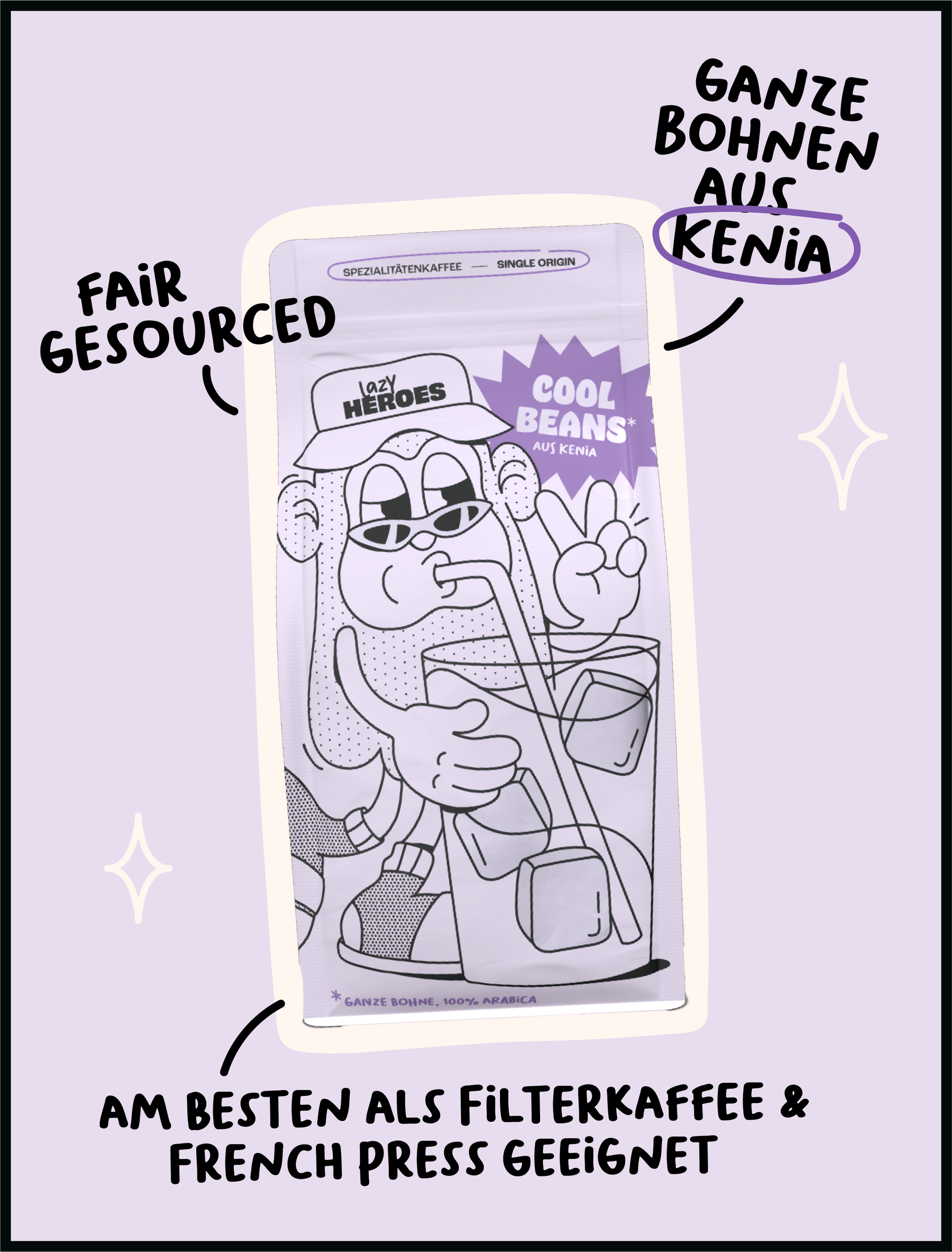 Eine Tüte mit Cool Beans Kenia und Guatemala Spezialitätenkaffee & Cascara Tee, einem Produkt der Lazy Heroes GmbH, mit einer Cartoon-Figur, die eine Tasse Kaffee trinkt.