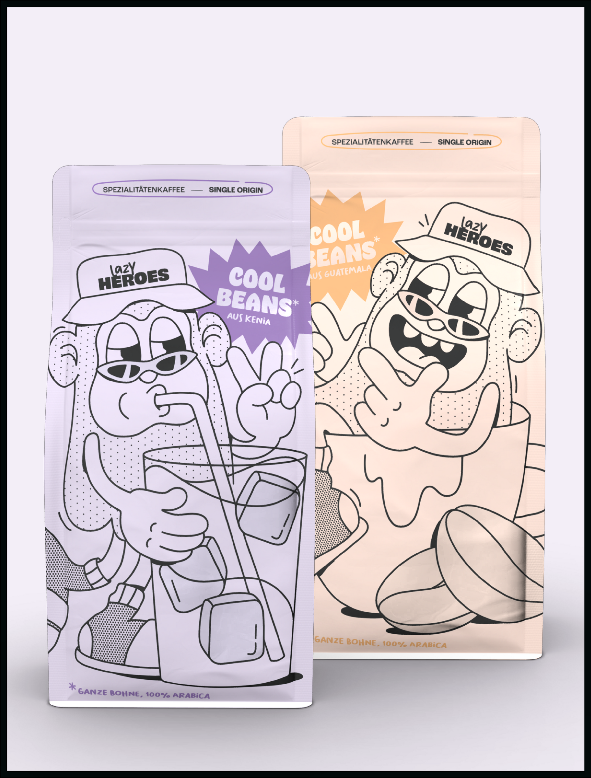 Zwei Pakete mit Comicfiguren darauf, mit Kenia- und Guatemala-Kaffeebohnen der Lazy Heroes GmbH.
