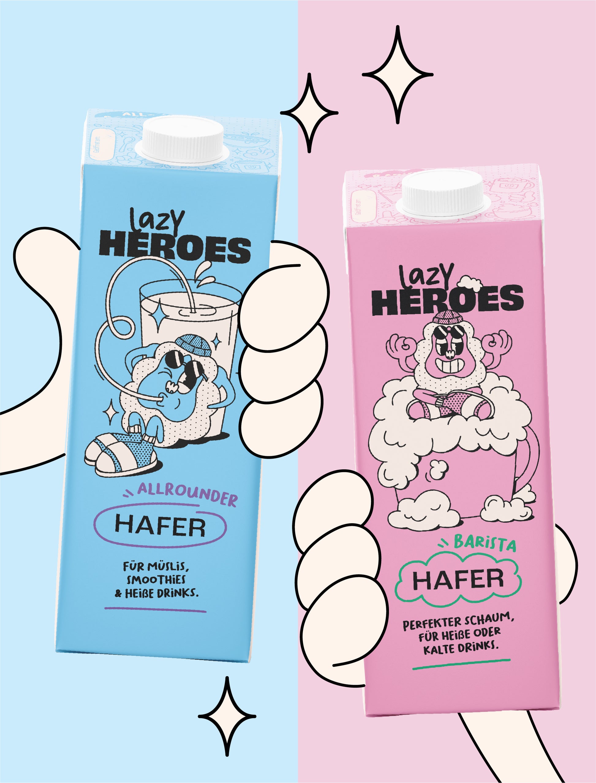 Zwei Flaschen Hafer-Mix mit Cartoon-Figuren der Lazy Heroes GmbH in der Hand.