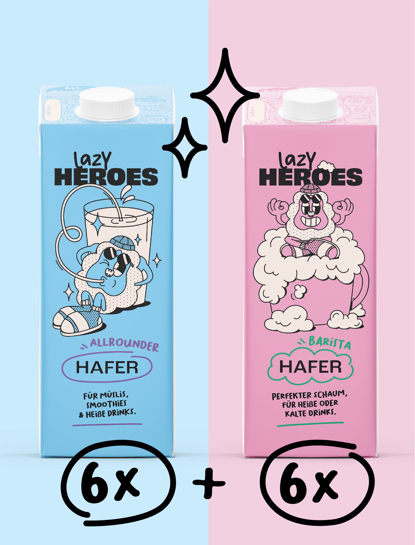 Eine Flasche Hafer-Mix-Milch mit einer Cartoon-Figur der Lazy Heroes GmbH.