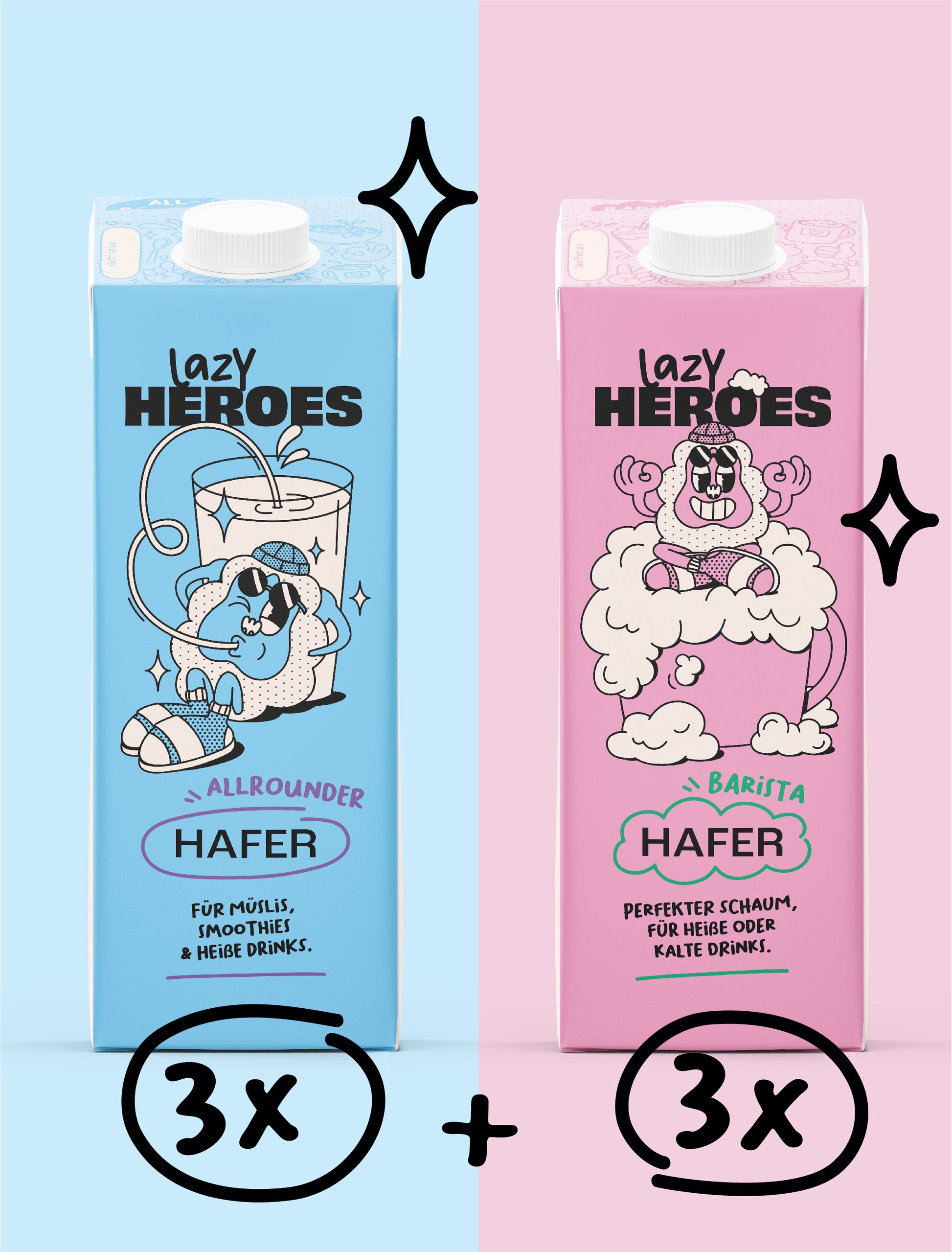 Eine Flasche Hafer Mix und eine Flasche Wasser mit einer Cartoon-Figur von Lazy Heroes GmbH.