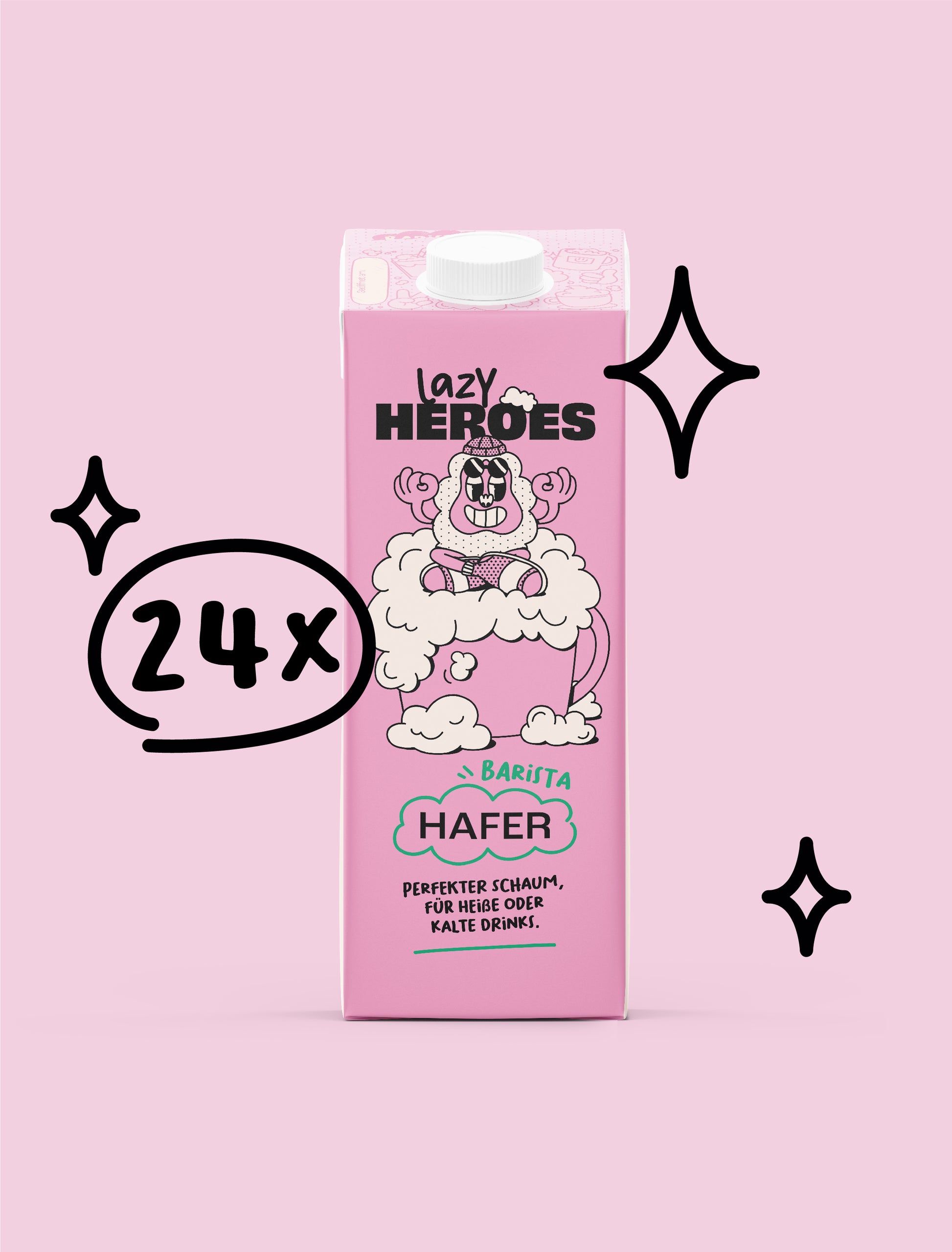 Eine rosa Flasche Hafer-Barista-Milch mit einer Zeichentrickfigur von Lazy-Heroes.